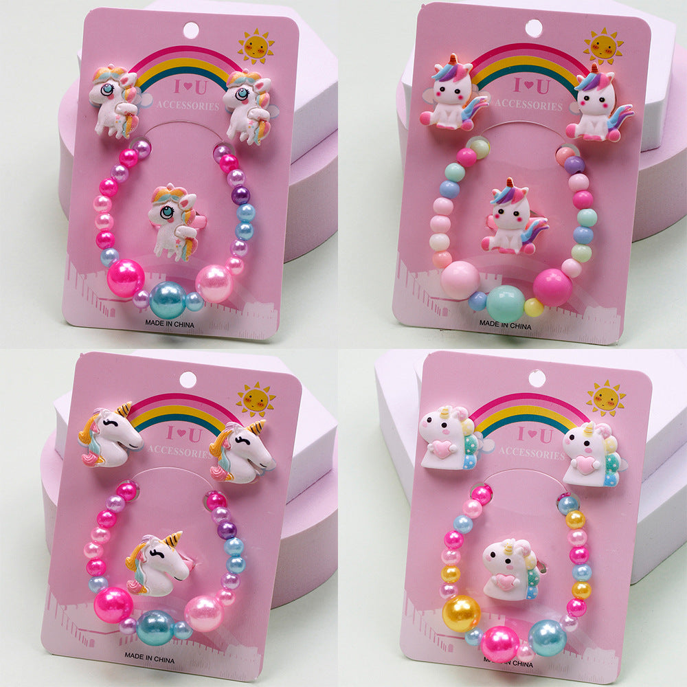 Unicorn Crown Resin Beaded Jewelry Set for Kids - Rings, Earrings, Necklace, and Bracelet