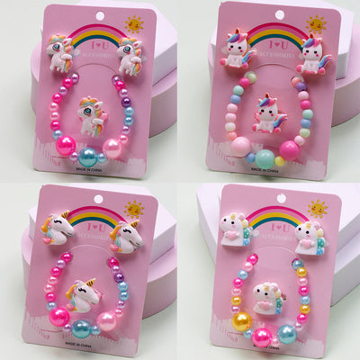 Unicorn Crown Resin Beaded Jewelry Set for Kids - Rings, Earrings, Necklace, and Bracelet
