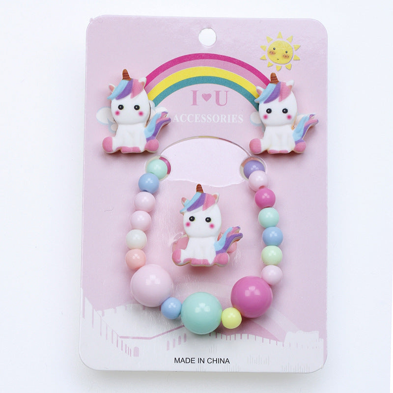 Unicorn Crown Resin Beaded Jewelry Set for Kids - Rings, Earrings, Necklace, and Bracelet