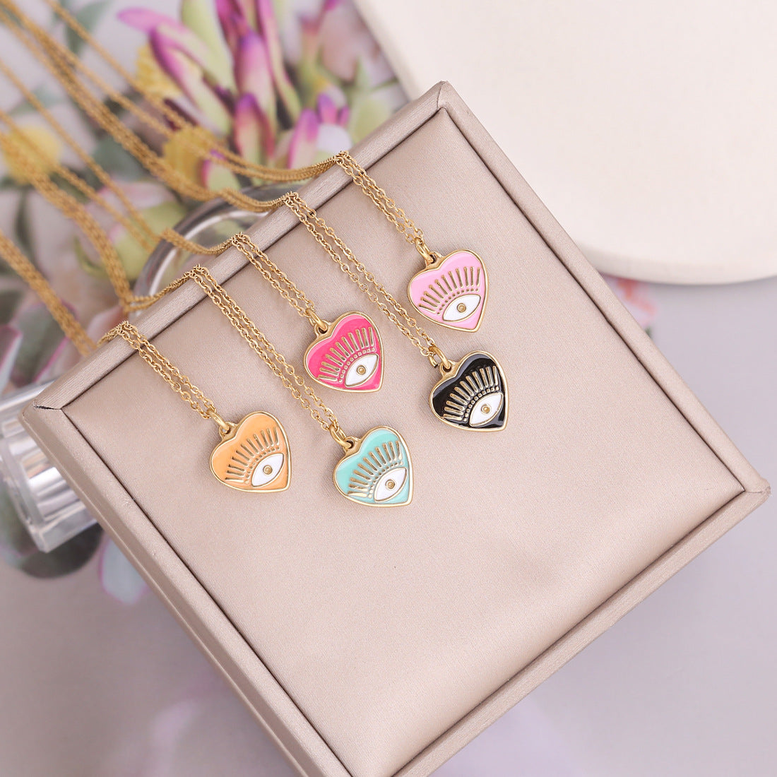 Drip Oil Eye Heart Pendant Stainless Steel Clavicle Necklace