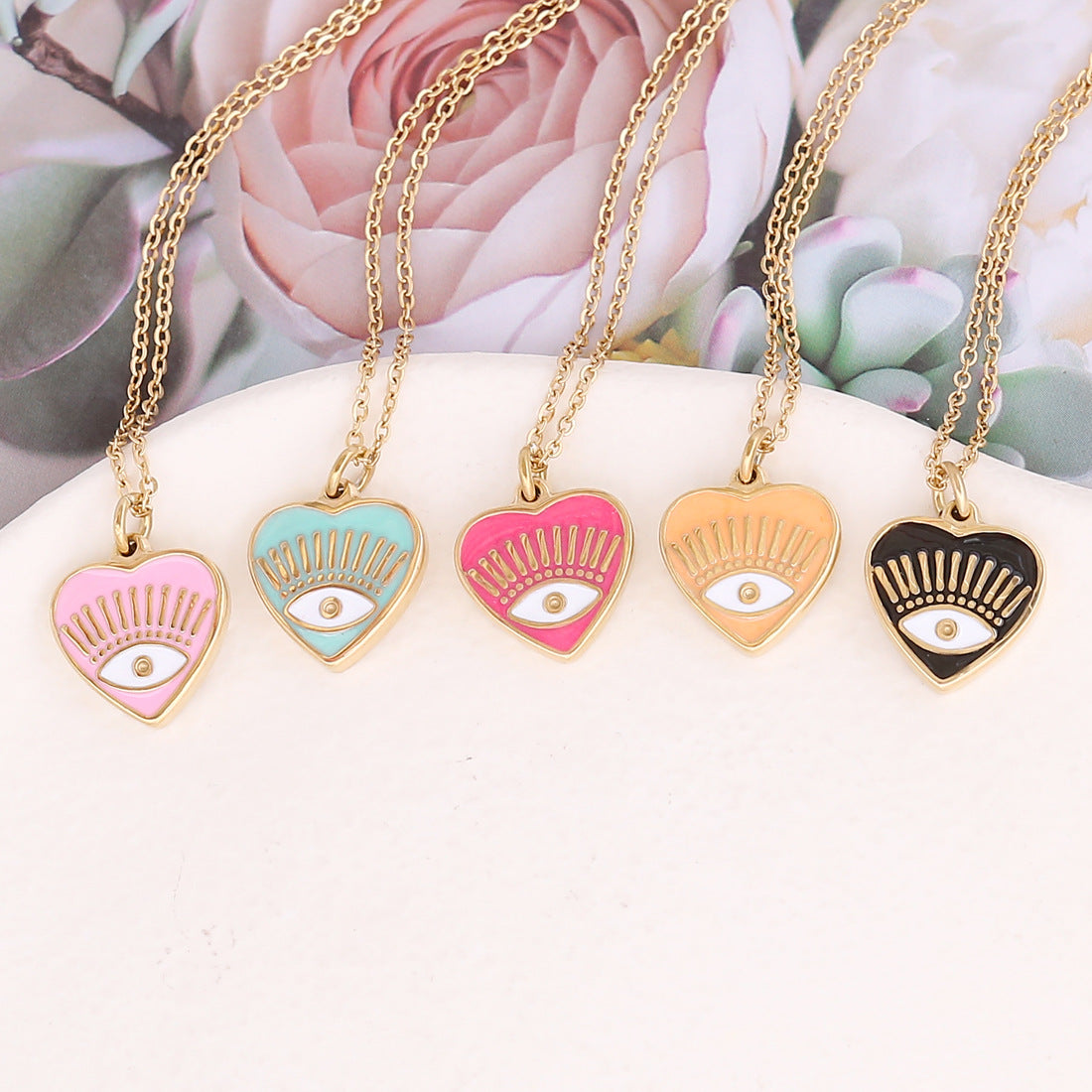 Drip Oil Eye Heart Pendant Stainless Steel Clavicle Necklace