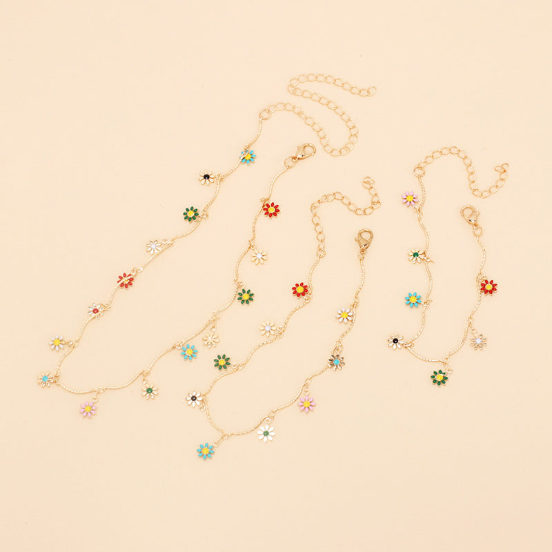 Sunflower Jewelry Set - Necklace, Bracelet, Anklet with Enamel Daisy Design