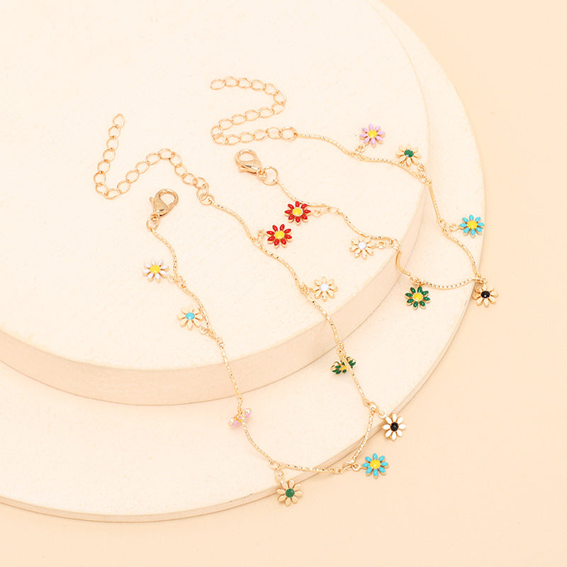 Sunflower Jewelry Set - Necklace, Bracelet, Anklet with Enamel Daisy Design