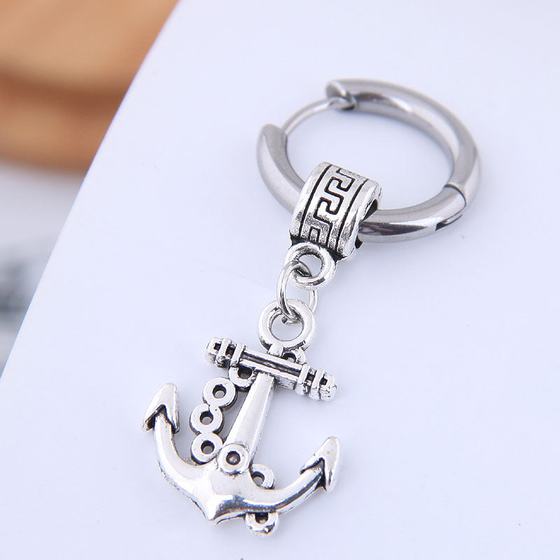 Men's Titanium Steel Anchor Earrings & Nylon Hair Fine Line Brush Set
