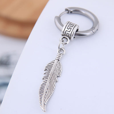 Trendy Men's Titanium Steel Feather Cross Pendant Earrings