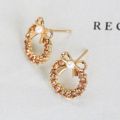Elegant Pearl Bow Diamond Stud Earrings - Chic Hollow Round Design