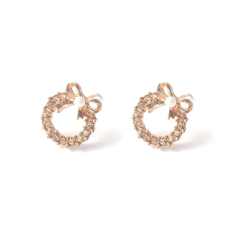 Elegant Pearl Bow Diamond Stud Earrings - Chic Hollow Round Design