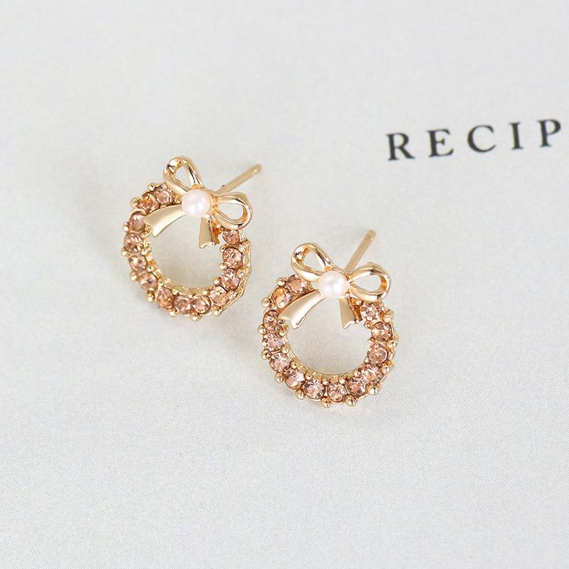 Elegant Pearl Bow Diamond Stud Earrings - Chic Hollow Round Design
