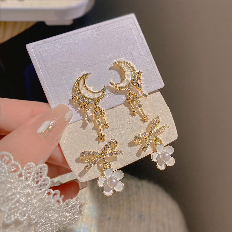 Elegant Bow Knot Rhinestone & Pearl Drop Earrings with 925 Silver Needle Moon and Star Design