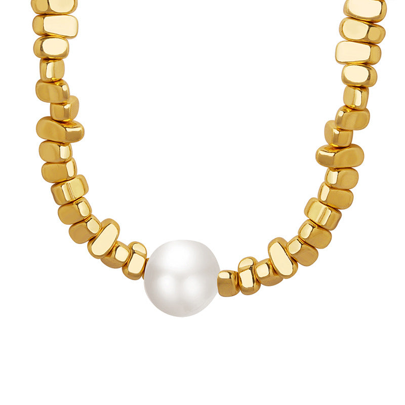 Elegant Geometric Titanium Steel Necklace with Artificial Pearl and Irregular Stone Pendant