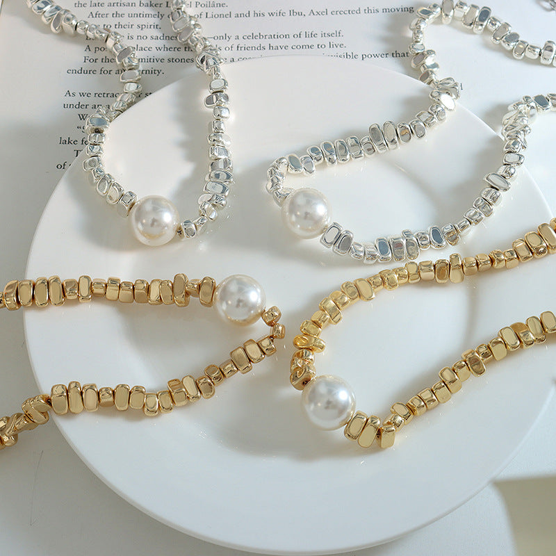 Elegant Geometric Titanium Steel Necklace with Artificial Pearl and Irregular Stone Pendant