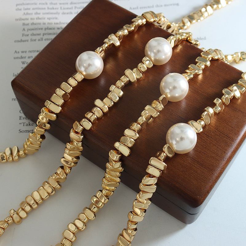 Elegant Geometric Titanium Steel Necklace with Artificial Pearl and Irregular Stone Pendant