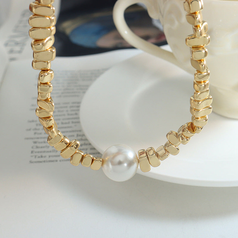 Elegant Geometric Titanium Steel Necklace with Artificial Pearl and Irregular Stone Pendant