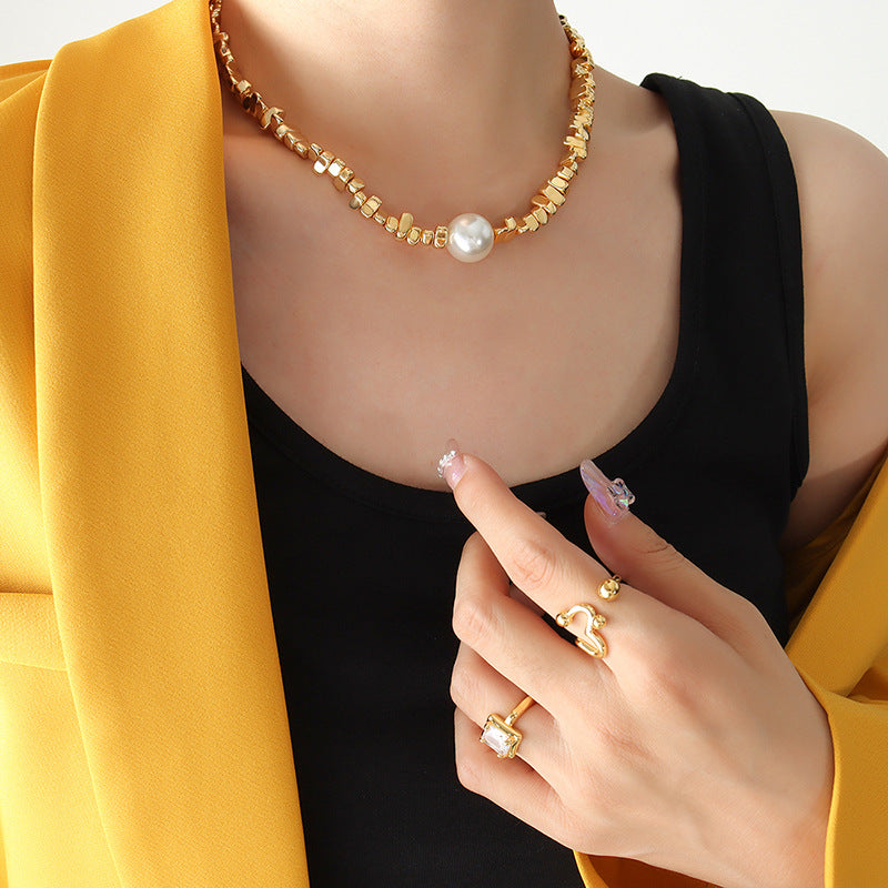 Elegant Geometric Titanium Steel Necklace with Artificial Pearl and Irregular Stone Pendant