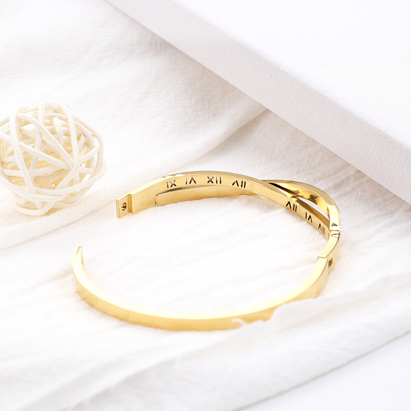 Elegant Geometric Roman Letter Titanium Steel Zircon Bangle Bracelet
