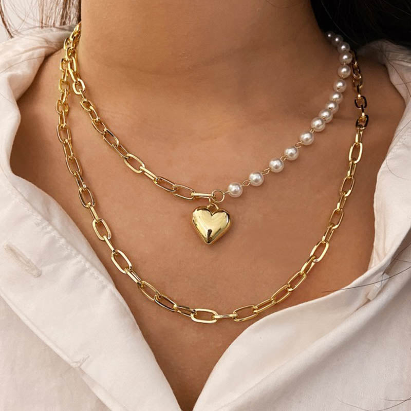 Elegant Double Layer Heart Pendant Pearl Necklace for Women
