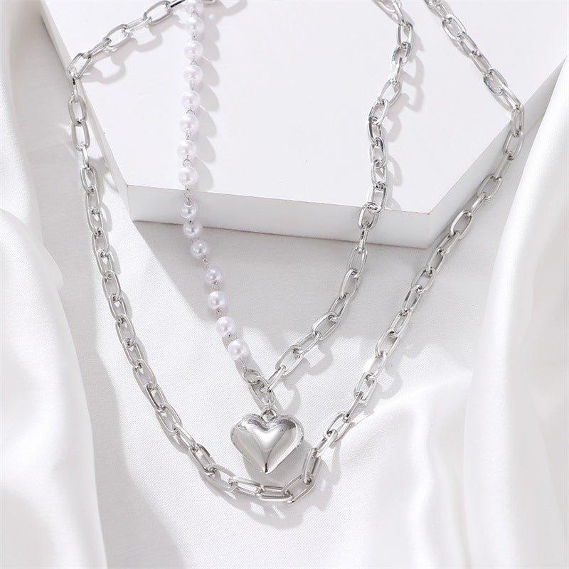 Elegant Double Layer Heart Pendant Pearl Necklace for Women