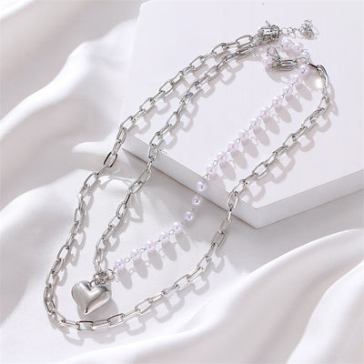 Elegant Double Layer Heart Pendant Pearl Necklace for Women