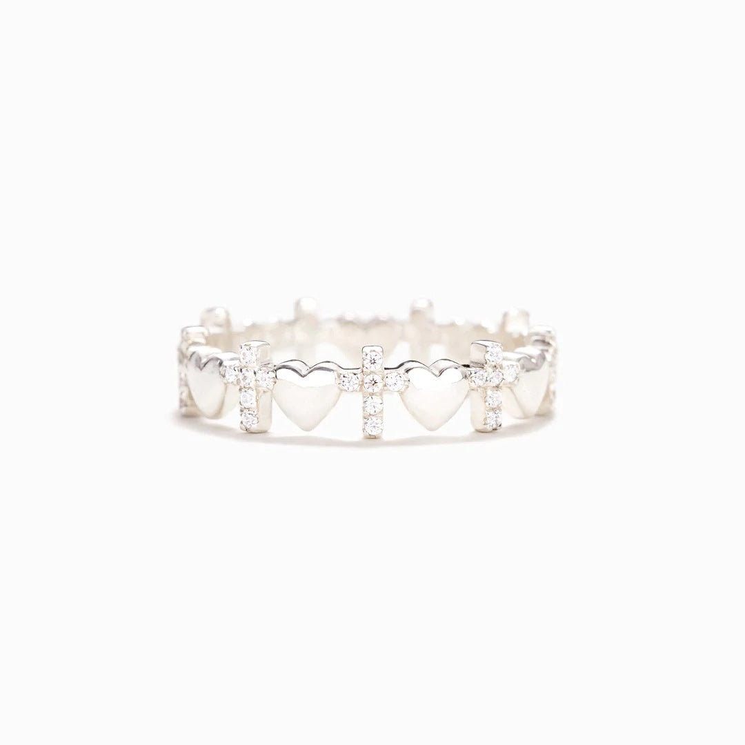 Elegant Heart Cross Sterling Silver Zircon Ring for Women