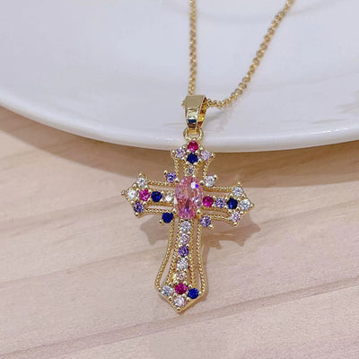 Elegant Vintage Punk Cross Zircon Pendant Necklace