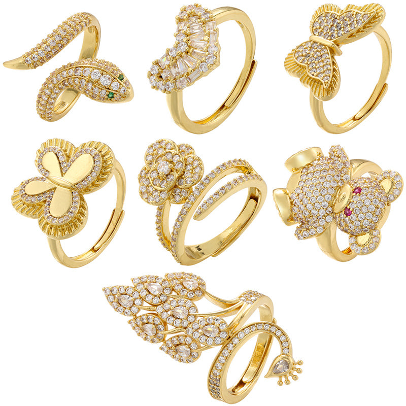 Elegant Luxurious Snake Butterfly Zircon 18K Gold Plated Adjustable Open Rings