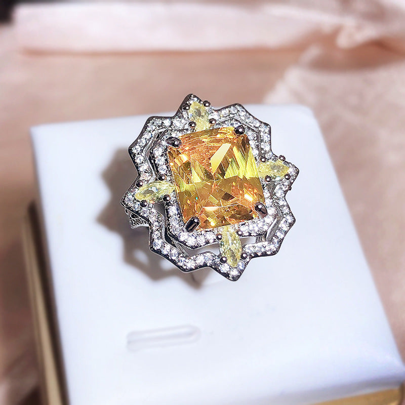Elegant Luxurious Square Brass Inlay High Carbon Diamond Adjustable Ring