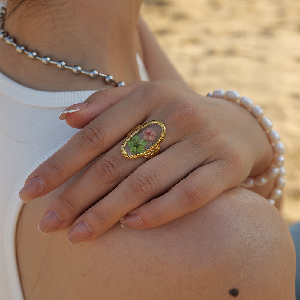 Elegant Retro Flower 18K Gold Plated Stainless Steel Open Ring