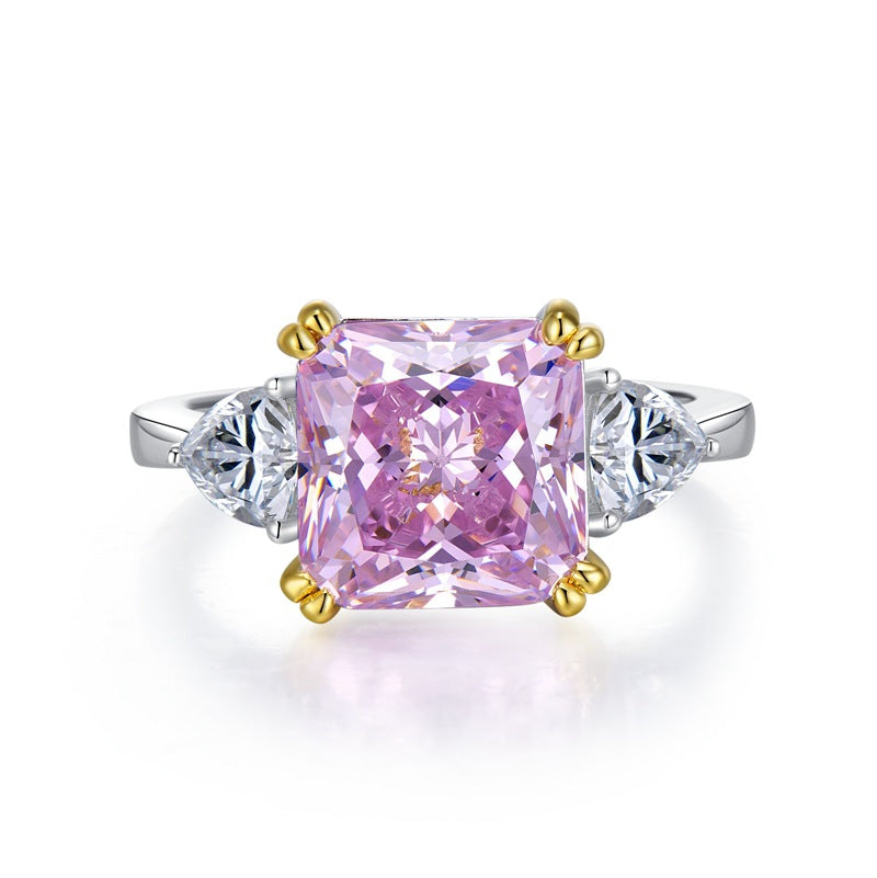 Elegant Square Sterling Silver 5 Carat Cushion Cut Yellow Pink Simulated Diamond Ring