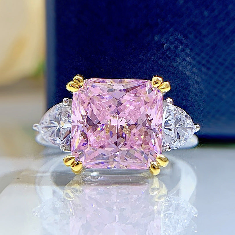 Elegant Square Sterling Silver 5 Carat Cushion Cut Yellow Pink Simulated Diamond Ring