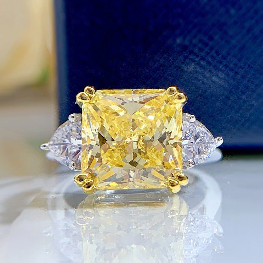 Elegant Square Sterling Silver 5 Carat Cushion Cut Yellow Pink Simulated Diamond Ring