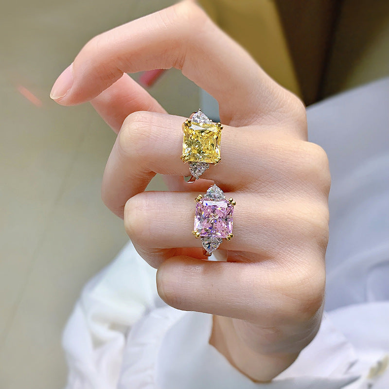 Elegant Square Sterling Silver 5 Carat Cushion Cut Yellow Pink Simulated Diamond Ring