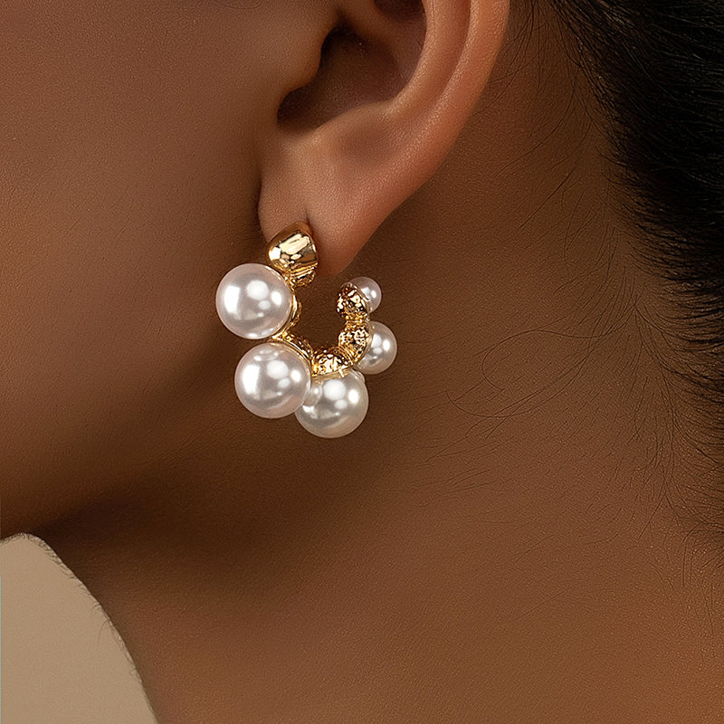 Elegant Geometric Alloy Inlay Pearl Hoop Earrings for Women