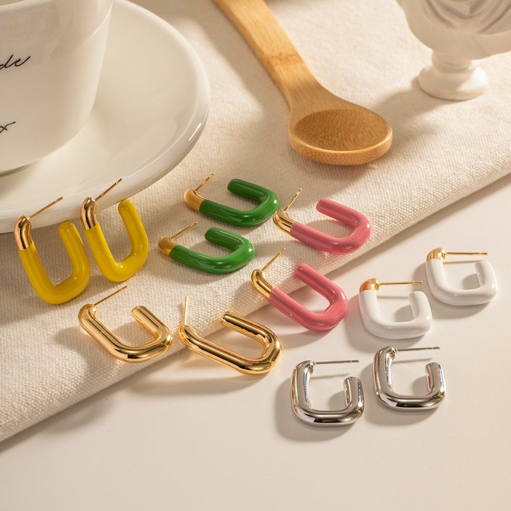 Elegant Geometric Stainless Steel U-Shape Earrings - Colorful Macaron Finish