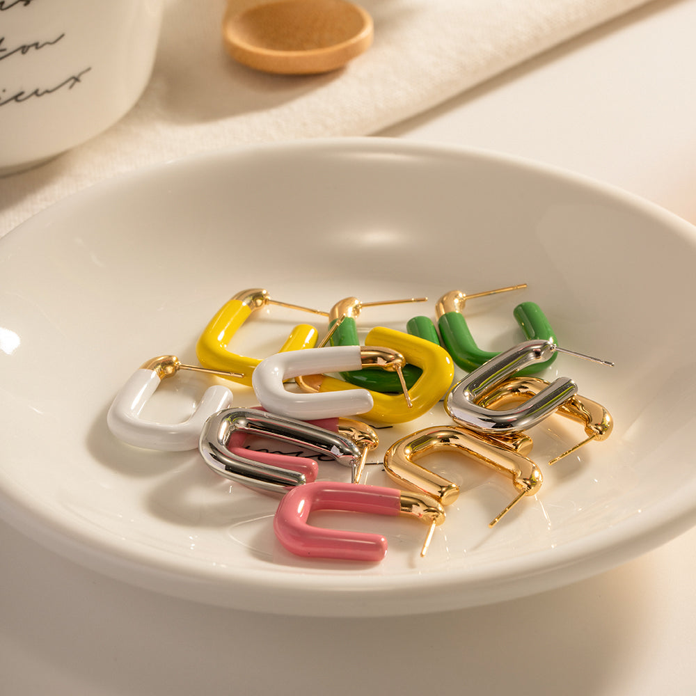 Elegant Geometric Stainless Steel U-Shape Earrings - Colorful Macaron Finish