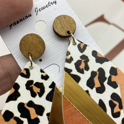 Ethnic Geometric Leopard Print Wood Drop Earrings for Women