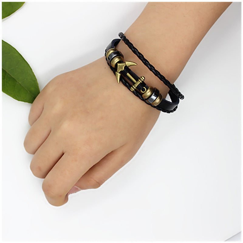 Ethnic Punk Vintage Leather Braided Anchor Layered Bracelets
