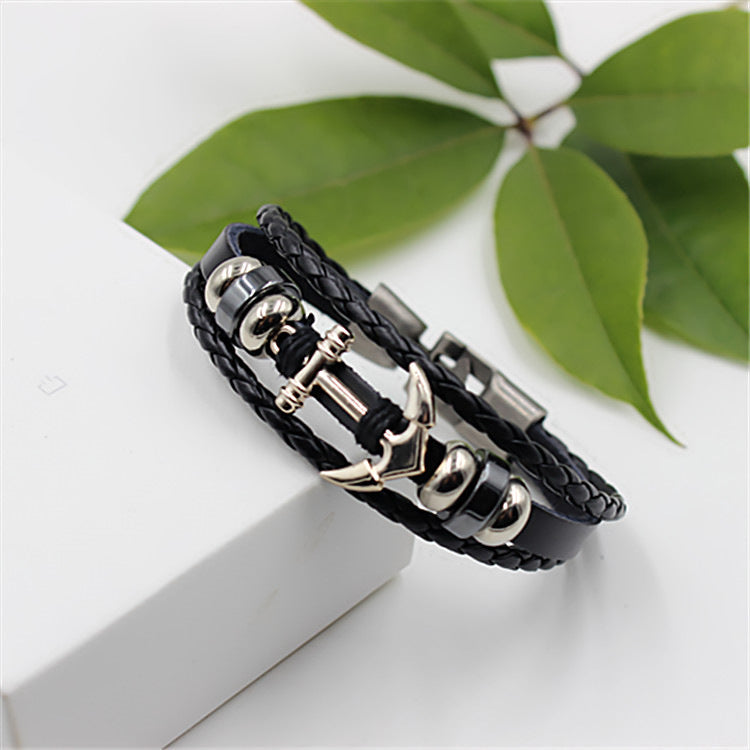 Ethnic Punk Vintage Leather Braided Anchor Layered Bracelets