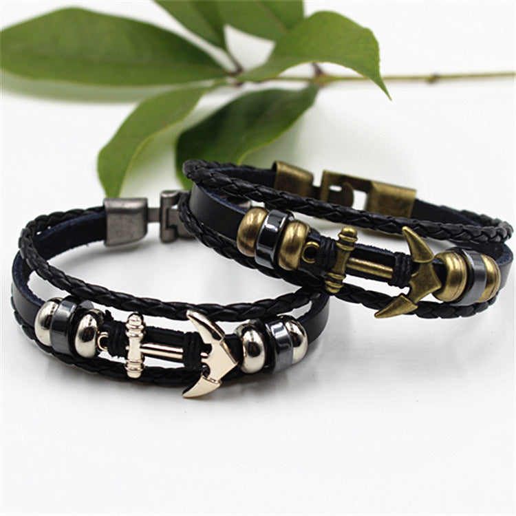 Ethnic Punk Vintage Leather Braided Anchor Layered Bracelets