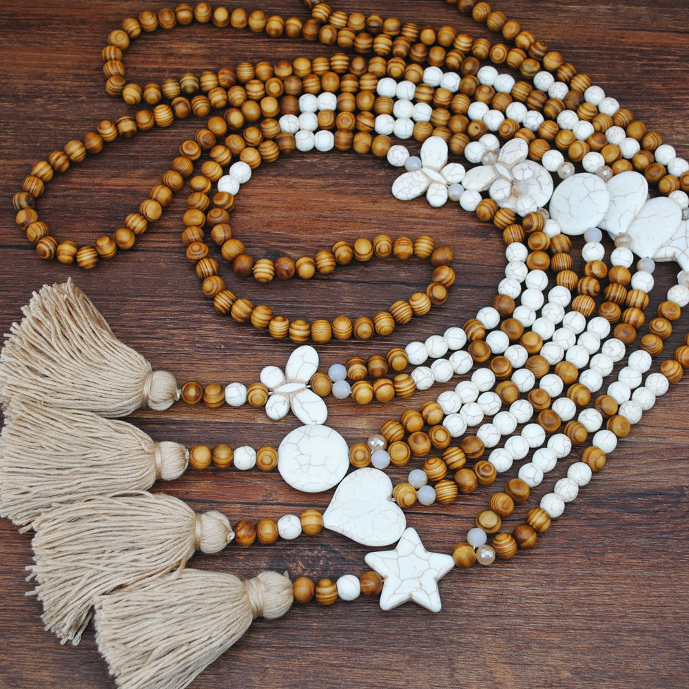 Ethnic Star Wood Beaded Tassel Sweater Necklace for Women