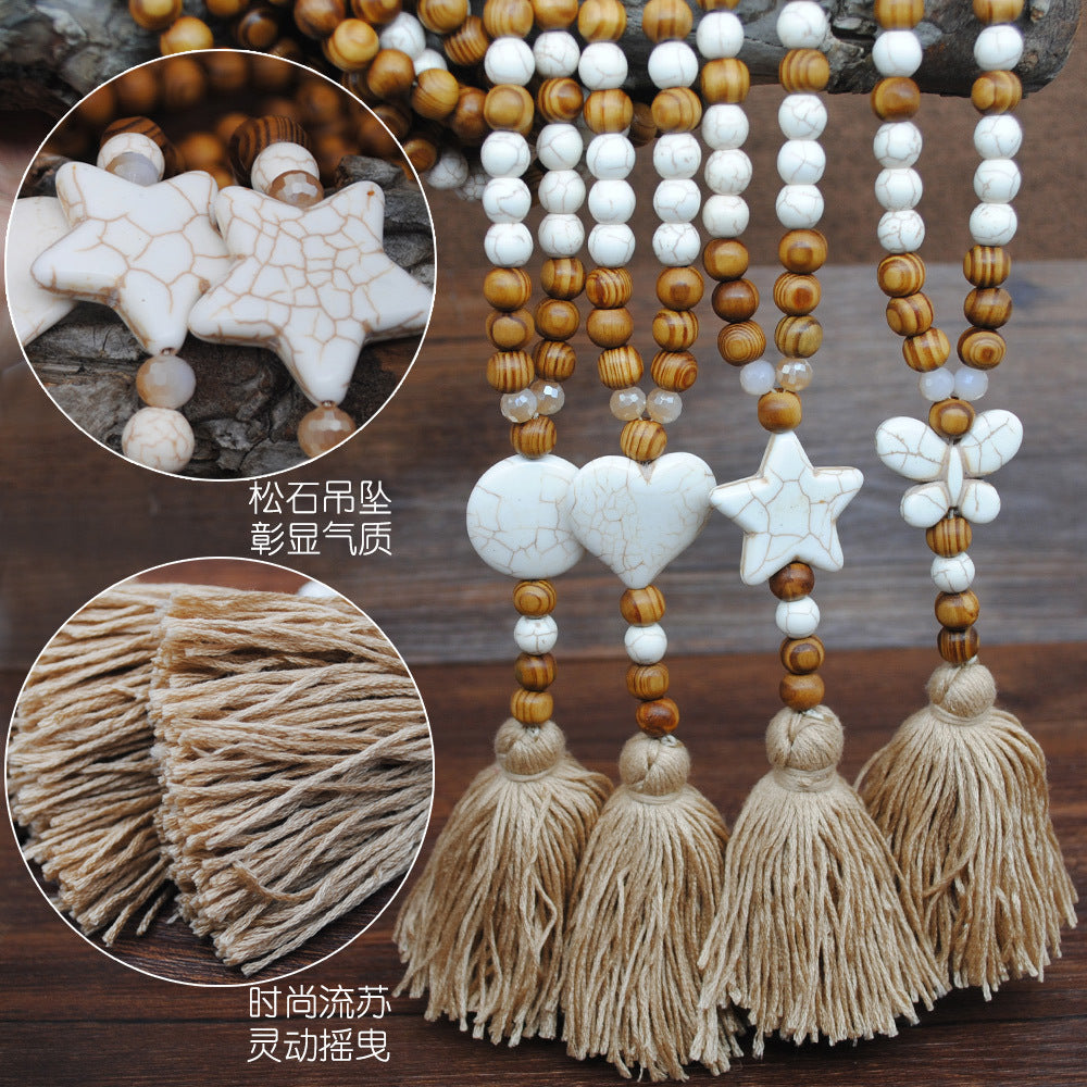 Ethnic Star Wood Beaded Tassel Sweater Necklace for Women