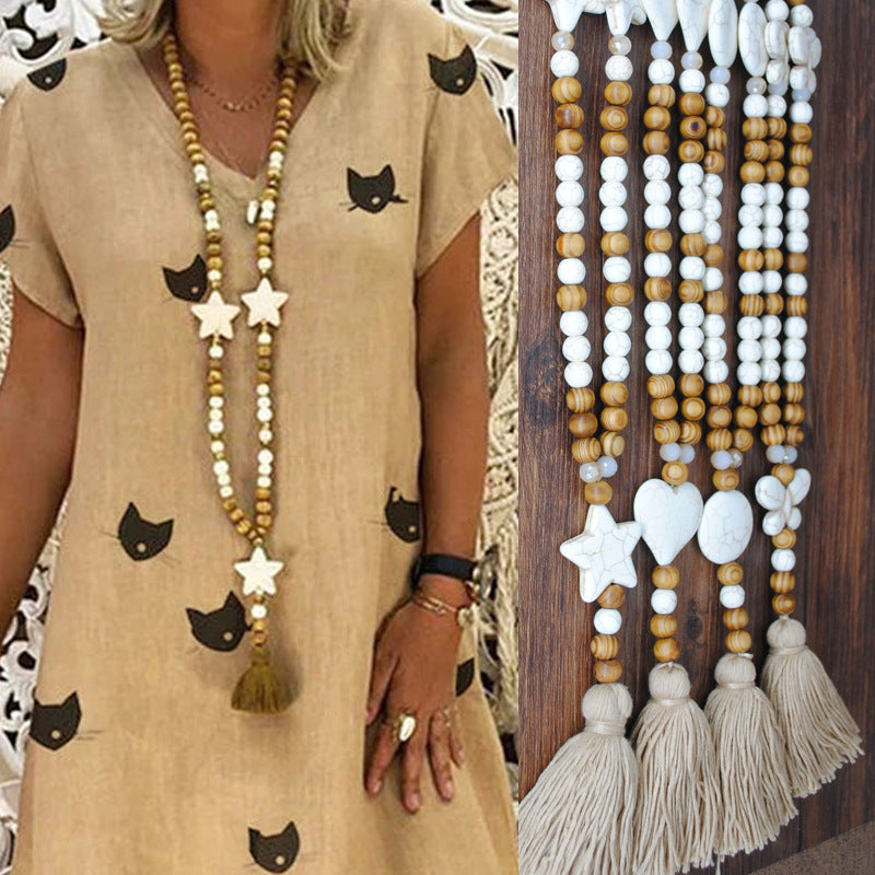Ethnic Star Wood Beaded Tassel Sweater Necklace for Women