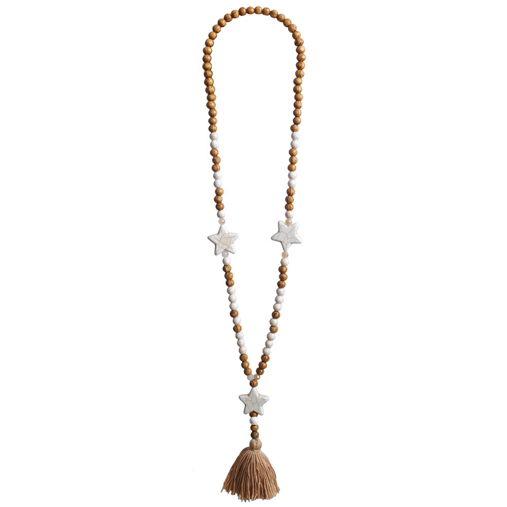 Ethnic Star Wood Beaded Tassel Sweater Necklace for Women