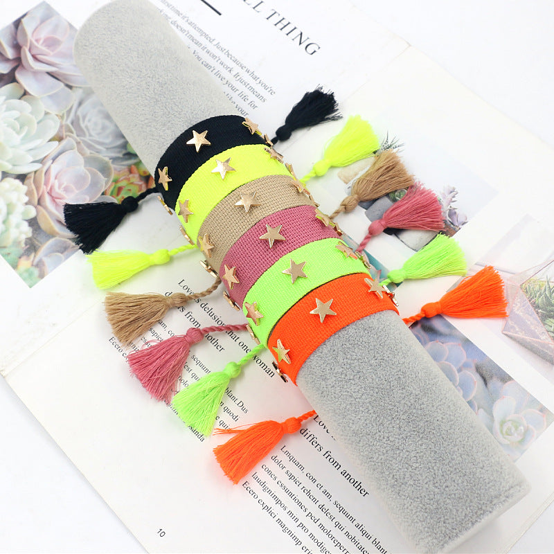 Ethnic Star Polyester Friendship Bracelets with Tassels and Multicolor Woven Bands