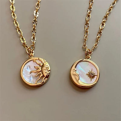 Ethnic Sun and Moon Totem Stainless Steel Pendant Necklace with 14k Gold Plated Brass and Zirconia