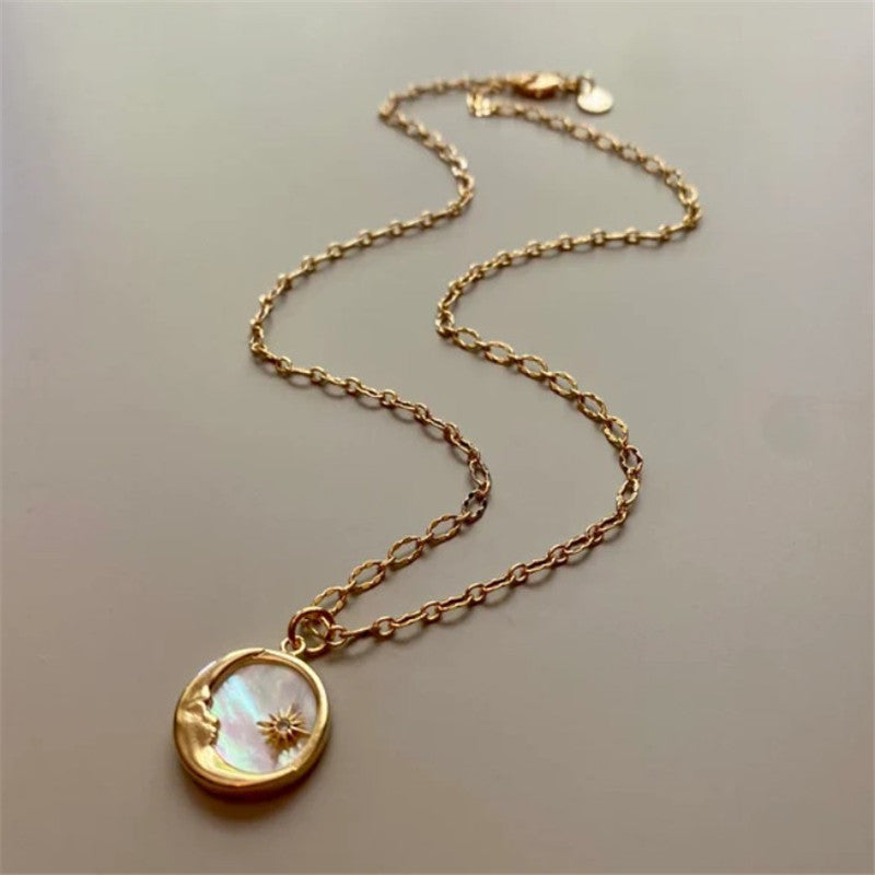 Ethnic Sun and Moon Totem Stainless Steel Pendant Necklace with 14k Gold Plated Brass and Zirconia