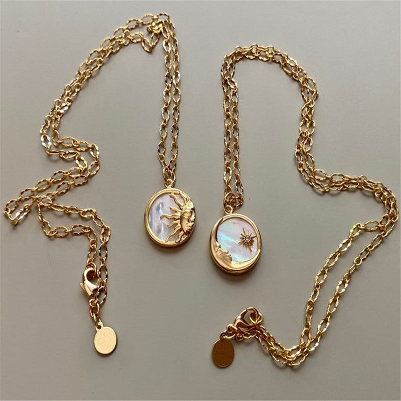 Ethnic Sun and Moon Totem Stainless Steel Pendant Necklace with 14k Gold Plated Brass and Zirconia