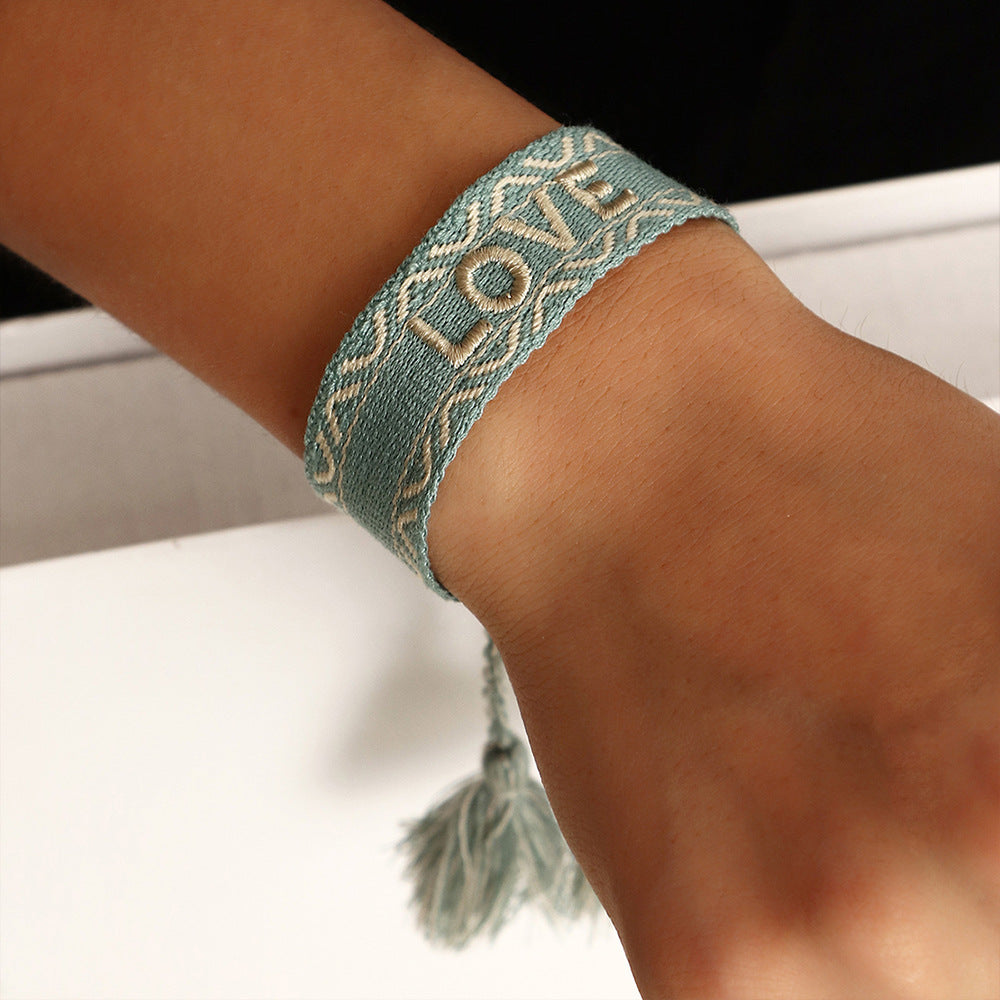 Ethnic Style Handwoven Embroidery LOVE Letter Tassel Bracelet