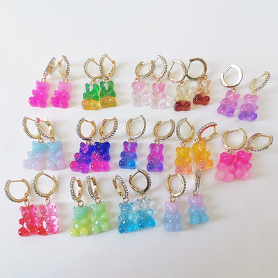Resin Mini Color Gradient Bear Pendant Earrings