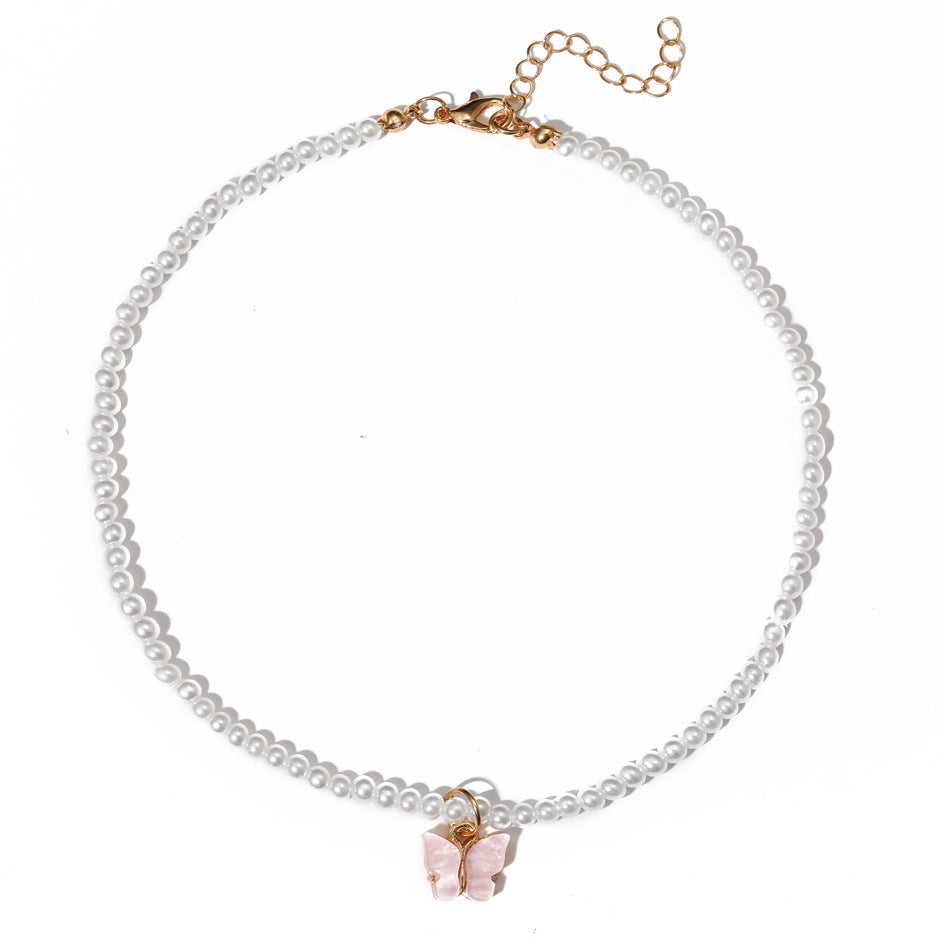 European American Acrylic Butterfly Pendant Necklace with Pearl Clavicle Chain