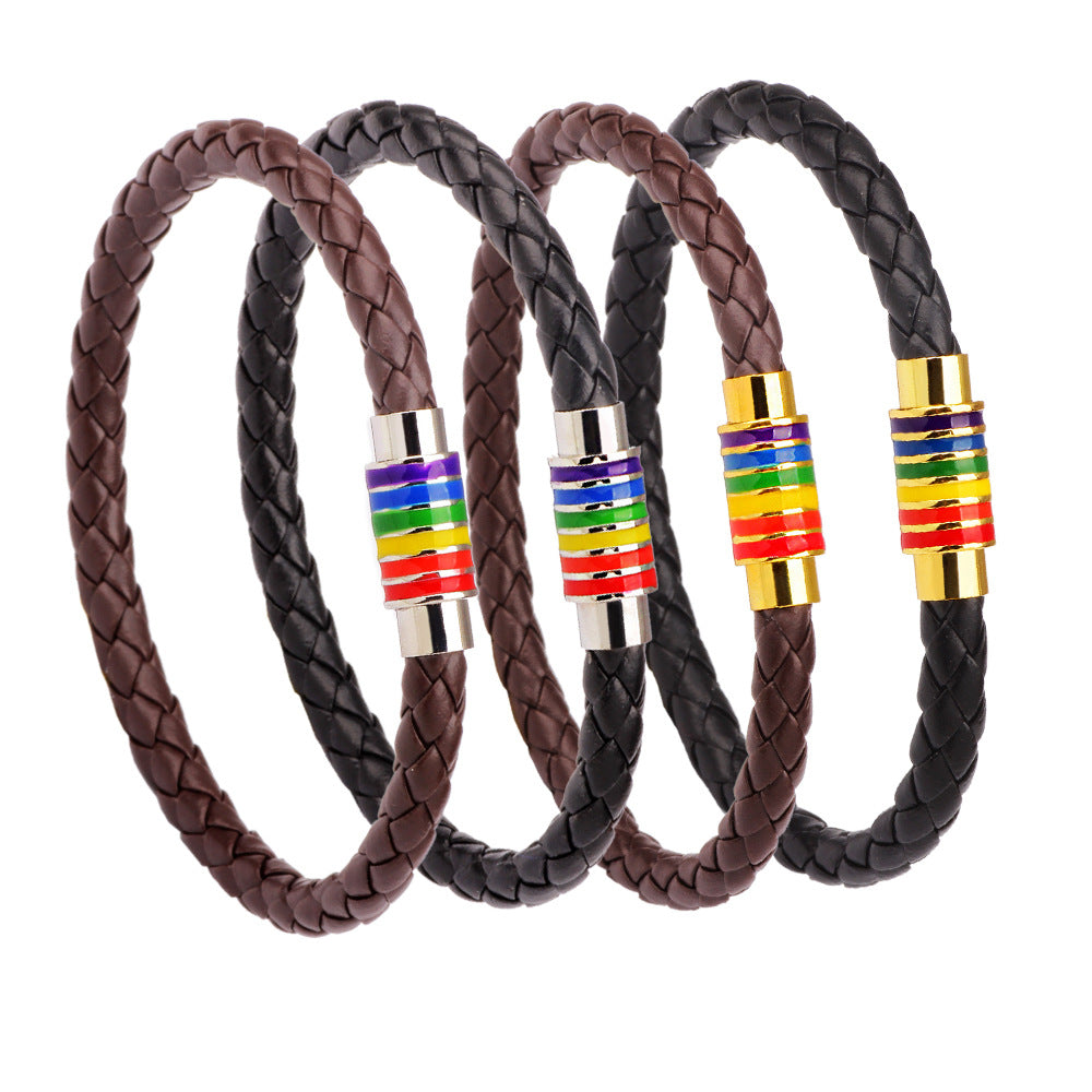 European American Braided Leather Rainbow Bracelet with Copper Magnetic Clasp